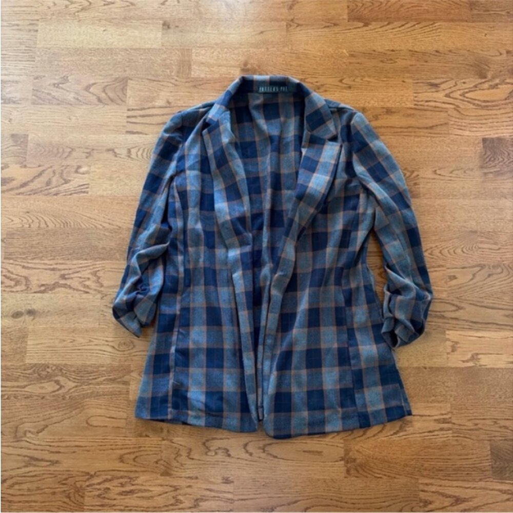 Potter's Pot Navy Blue Orange Open Blazer jacket Women S Flannel Plaid Gray Coat